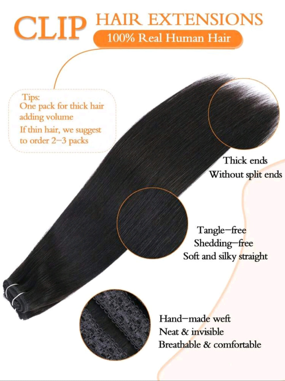 Black straight clip-in extensions