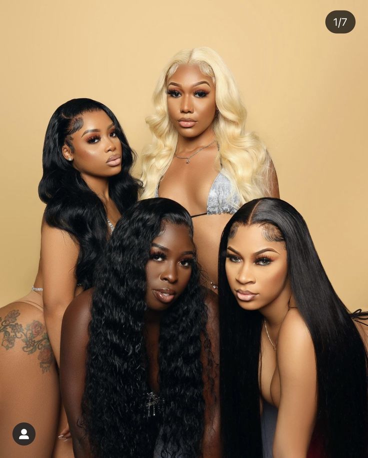 Four models wearing wavy, blonde, curly and straight wig styles
